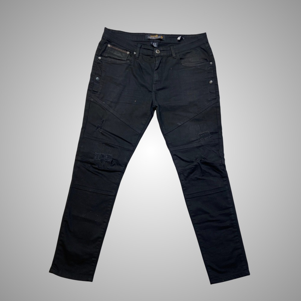 Copper Rivet Slim Fit Jeans Mens 36x32 Black Excellent Moto Knee Panel Denim